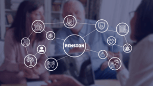 A group discussing pension plans, surrounded by icons representing related concepts like finance, retirement, and support services.