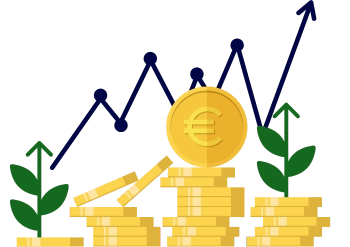 Illustration of stacked gold coins, a euro coin, green plants, and a rising graph, symbolising financial growth and investment.